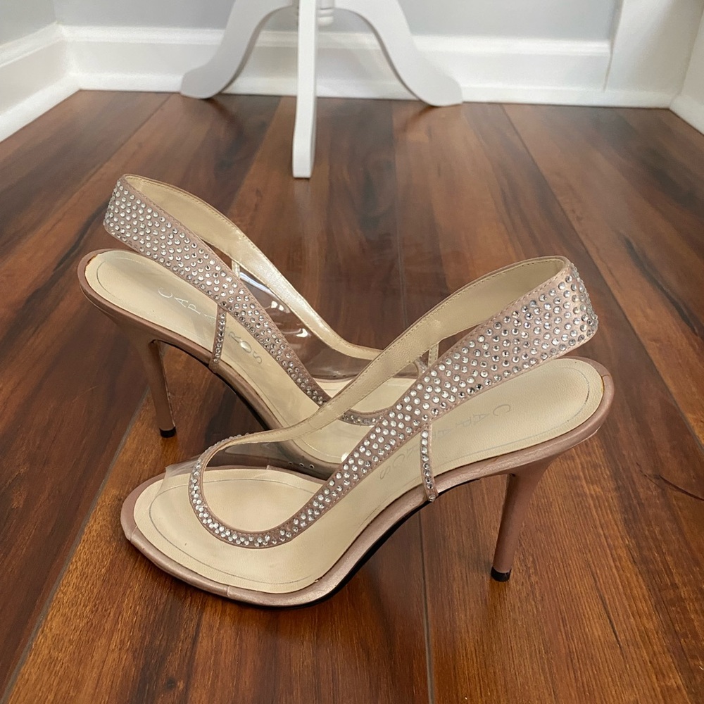 Caparros Nude Rhinestone Slingback Heels Peep Toes